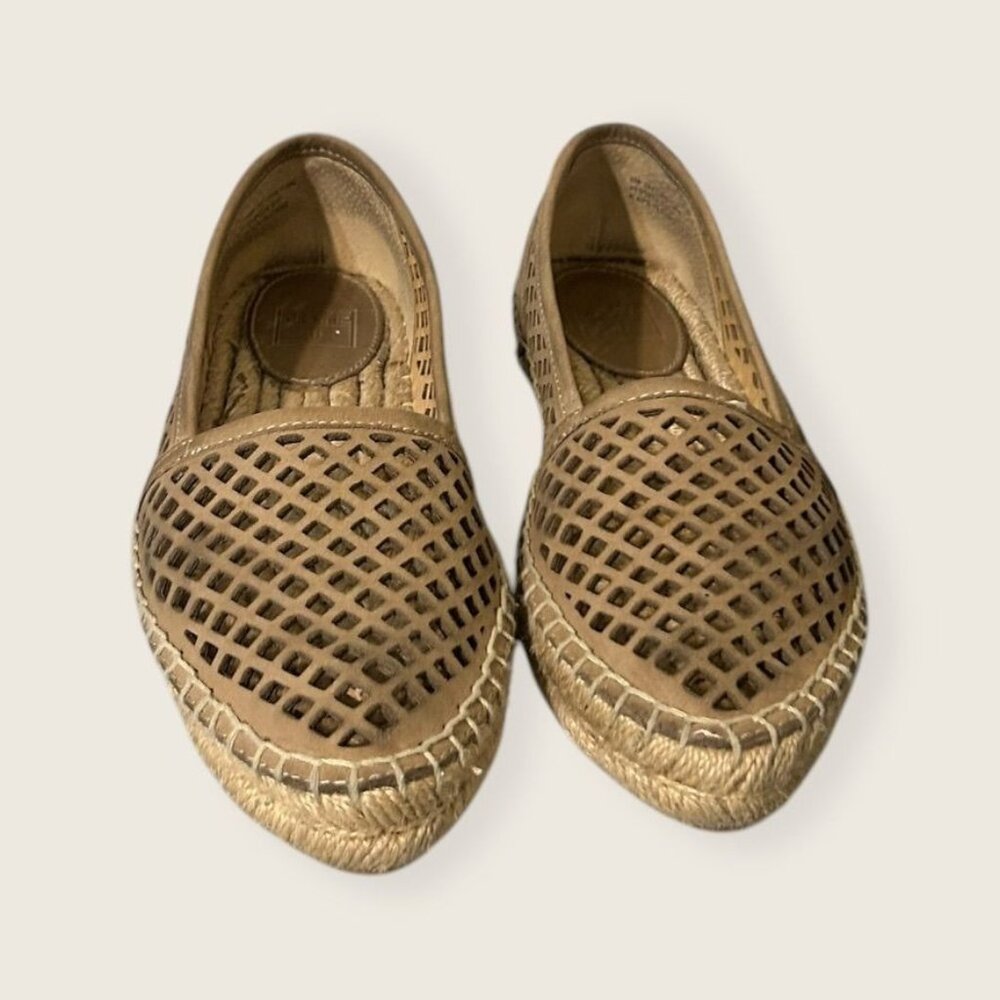 Frye Lee A Line Leather Nubuck Espadrille 6 Laser Cut Slip On EUC Tan Suede